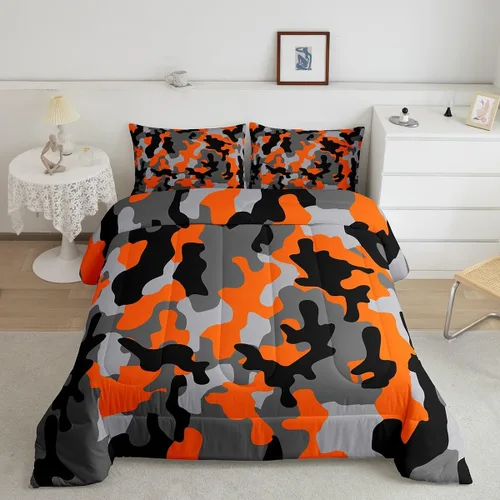Miniatura 16 de Feelyou Juego de edredón de camuflaje naranja para niños, tamaño individual, juego de ropa de cama de camuflaje estilo militar para niños y niñas