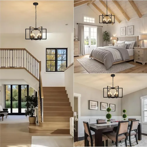 Miniatura 6 de Candelabro negro de granja, lámpara geométrica de 6 luces para comedor, moderna lámpara de techo industrial de metal, luces colgantes rústicas