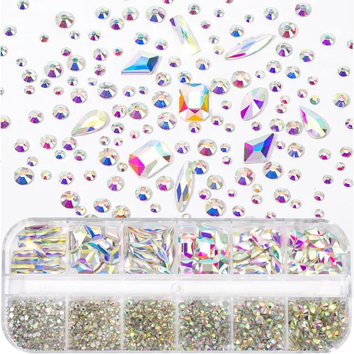 Miniatura 4 de Kit de diamantes de imitación para uñas, 1500 piezas de diamantes de imitación redondos con parte trasera plana, gemas de uñas AB multiformas, 0.3