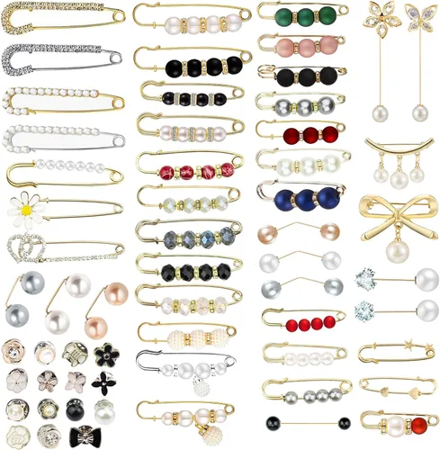 60 broches de perlas, ajuste de cintura para pantalones, broches y alfileres de perlas de imitación para mujeres y niñas, botones, suéter, chal,