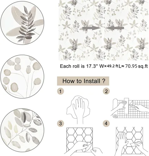 Miniatura 6 de Caltero Papel tapiz floral beige para despegar y pegar, papel tapiz de hojas de eucalipto de oliva de 17.3 pulgadas, 98.4 pies, papel de contacto
