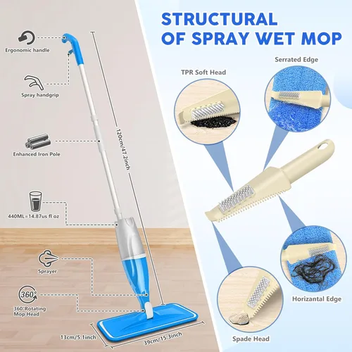 Miniatura 3 de Trapeador con rociador para pisos de madera dura: trapeadores de microfibra para pisos húmedos y secos con 4 almohadillas lavables para Swiffer Azul