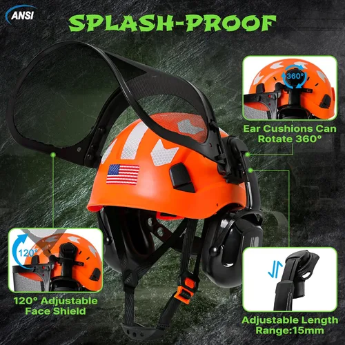 Miniatura 3 de Aolamegs Casco de motosierra con protector facial y orejeras, casco forestal naranja con protección auditiva y máscara de malla completa, casco