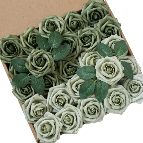 Miniatura 21 de Flores artificiales, 25 piezas, rosa artificial azul bebé para ramos de boda, centros de mesa, arreglos, flor falsa con tallos para decoración