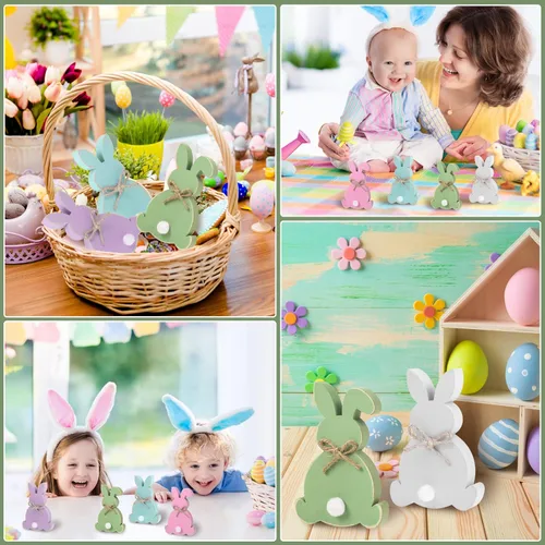 Miniatura 6 de Thinkday 6 piezas de decoraciones de Pascua de madera de conejo, decoración de mesa, letrero de mesa rústico de conejo con cuerda de yute y cola
