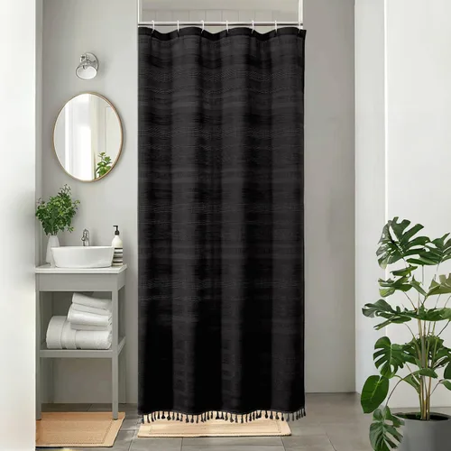 OVZME Cortina de ducha bohemia negra, cortina de ducha estrecha de tela suave a rayas de lino texturizado con borla, moderna decoración de baño