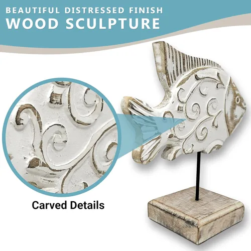 Miniatura 3 de Beau - Estatua de pescado de mantequilla en base Escultura de pescado de madera hecha a mano para casa náutica de playa, centro de mesa rústico