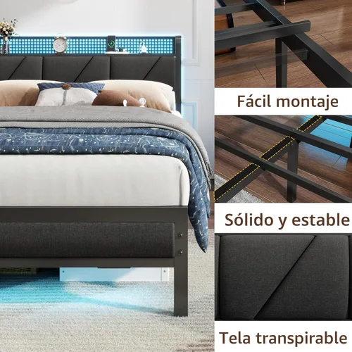 Miniatura 6 de Furnulem Base de cama Queen con cabecero y estante de almacenamiento, luz LED y estación de carga, cama de plataforma de metal con listones