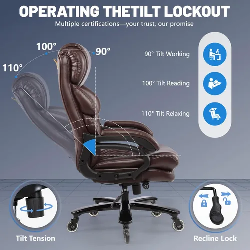 Miniatura 6 de Silla de oficina grande y alta de 800 libras para personas pesadas, silla ejecutiva resistente con respaldo alto, asiento extra ancho y lumbar Marrón