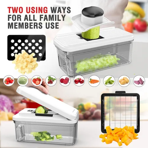 Miniatura 3 de Picadora de verduras con recipiente, picadora de verduras y picadora de alimentos con 7 cuchillas de acero inoxidable, cortador de cebolla
