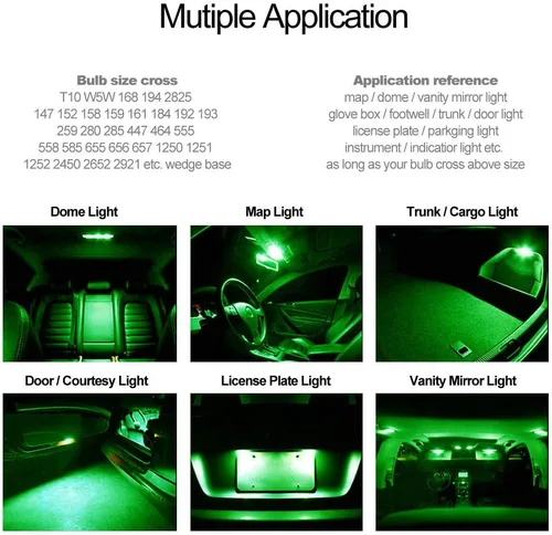 Miniatura 7 de T10 Cerámica Interior Exterior Brillante Luz LED 168 175 194 2825 W5W Tamaño Bombilla Color Verde (Paquete de 10)
