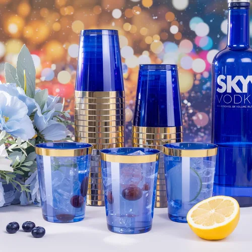 Miniatura 4 de Supernal 100 piezas de vasos de plástico azules, vasos desechables transparentes azules claros de 10 onzas con borde dorado, vasos de plástico