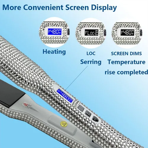 Miniatura 4 de Plancha plana de cerámica con magnífico diamante de imitación de cristal, alisador y rizador de pelo 2 en 1, apagado automático de 60 minutos, Blanco