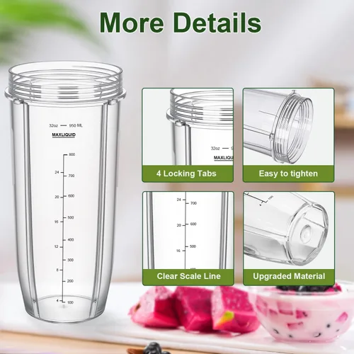 Miniatura 4 de Piezas de repuesto para vasos de licuadora Ninja, vasos de 32 onzas con tapas para sorber y sellado, compatibles con Ninja Auto IQ Blender BL450