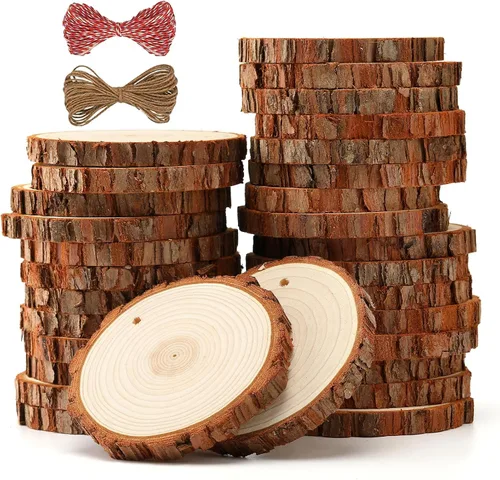 Miniatura 8 de SENMUT - 30 piezas de madera natural de 3.5 a 4.0 pulgadas, círculos de madera sin terminar, adornos navideños de madera para manualidades, kit