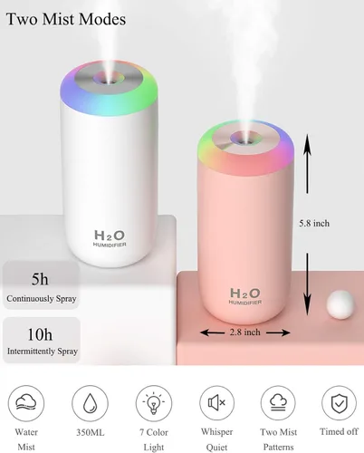 Miniatura 2 de Mini Humidificador, Humidificador Pequeño de 350ml para Dormitorio, Escritorio, Portátil, de Viaje, para Plantas (Rosa)
