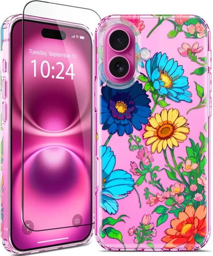 Miniatura 14 de Funda para iPhone 16, con protector de pantalla, linda para mujeres y niñas, funda protectora de grado militar de 10 pies para iPhone 16, funda