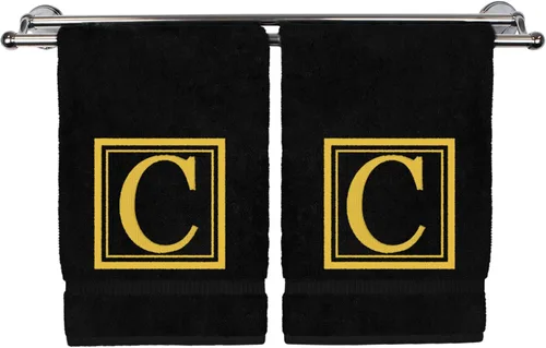 Miniatura 107 de Juego de 2 toallas de mano con monograma, 16 x 30 pulgadas, regalo personalizado, letra blanca bordada con diseño cuadrado sobre toalla negra, extra