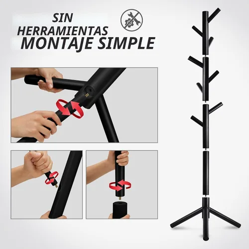 Miniatura 6 de Unisakey Perchero de madera duradero, perchero independiente con base triangular estable, 8 ganchos y 3 alturas ajustables, montaje simple para Negro