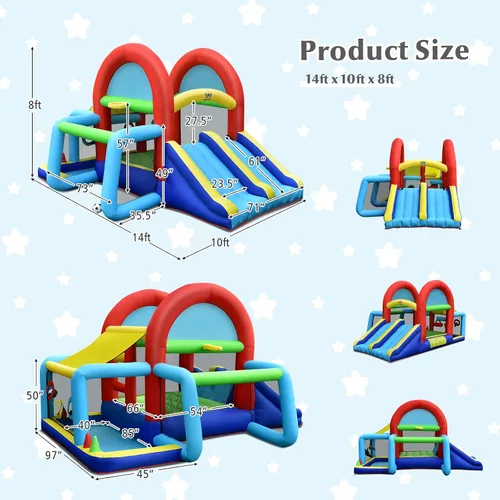 Miniatura 7 de HONEY JOY Casa inflable de rebote, casa hinchable 8 en 1 con área de salto, portería de fútbol, aro de baloncesto, juego de objetivo y lanzamiento