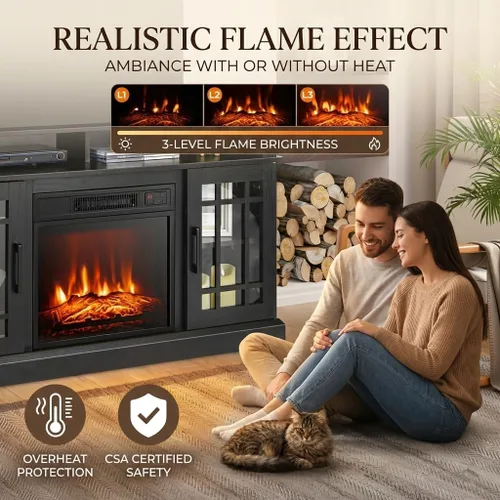 Miniatura 2 de SIMOE Soporte de TV Moderno de 48 Pulgadas con Chimenea Eléctrica, Consola de TV para TVs con Chimenea de 18 hasta 55 Pulgadas con 2 Estantes Negro