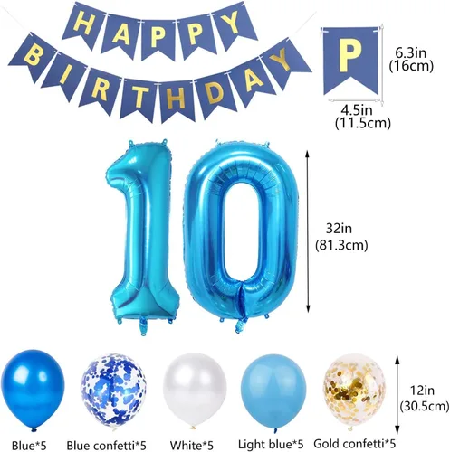 Miniatura 4 de Decoraciones de cumpleaños número 10, color azul para niños y niñas, pancarta de feliz cumpleaños número 10, globos de papel de aluminio de látex 10º