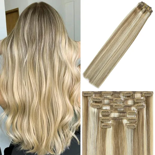 WindTouch - Extensiones de cabello humano Remy con pinzas, color rubio decolorado combinado con balayage, para cabello rubio, 2.47 onzas, N.°