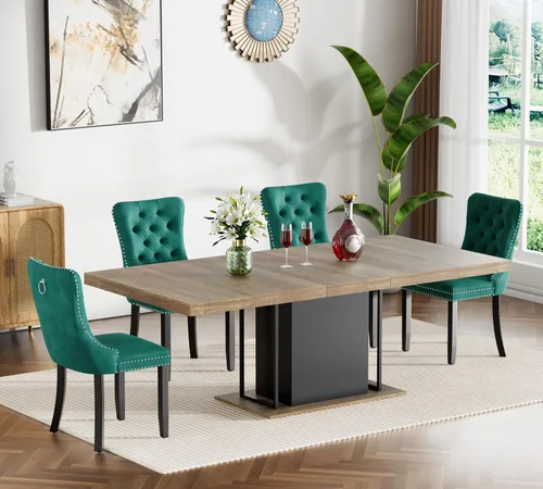 Miniatura 30 de Juego de mesa de comedor extensible de 5 piezas, juego de mesa de comedor extensible de estilo granja para 4, mesa de cocina expandible de madera