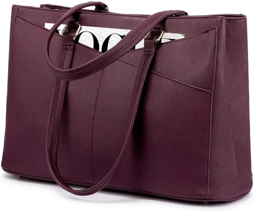 Miniatura 53 de LOVEVOOK Bolsa de mano para computadora portátil para mujer, bolsas de trabajo de cuero de 15.6 pulgadas con soporte grande para tazas para Negro