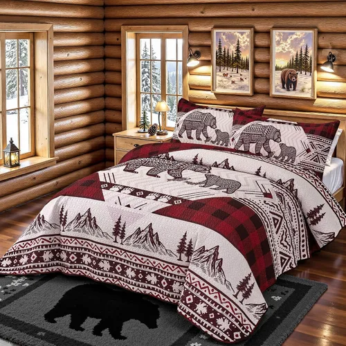 Miniatura 3 de Juego de 3 piezas de colcha tamaño King para cabaña, reversible, navideño, rústico, de microfibra, suave, ligera, de granja, con 2 fundas de 2-Oso