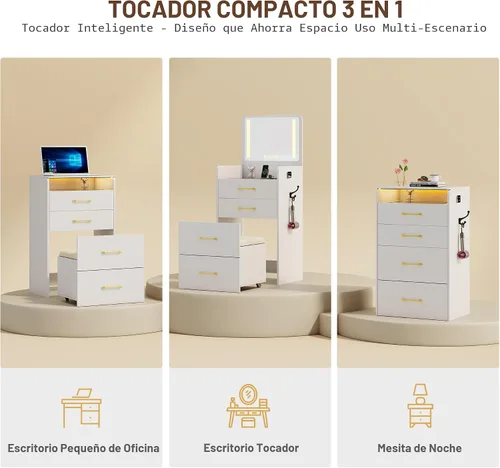 Miniatura 2 de Lvifur Escritorio de tocador 3 en 1 con espejo abatible y luces, tocador compacto con parte superior de vidrio con 3 cajones y taburete rodante