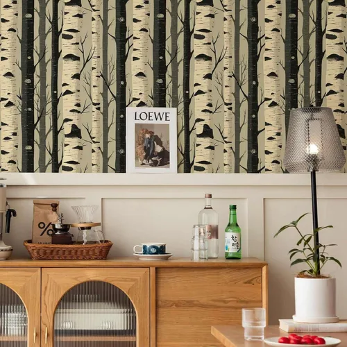 Miniatura 6 de Papel tapiz autoadhesivo de bosque de abedul, papel tapiz rústico de árbol bosque, decoración de pared de naturaleza escandinava para el hogar