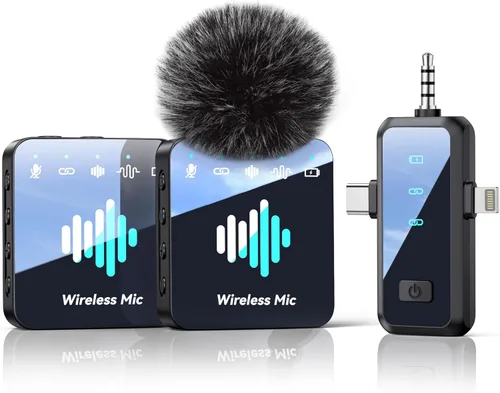 Miniatura 12 de MENERESAS Mini micrófono 3 en 1 para iPhone: Micrófonos Lavalier inalámbricos para iOS/Android/Cámara - Micrófono de solapa con reducción de ruido