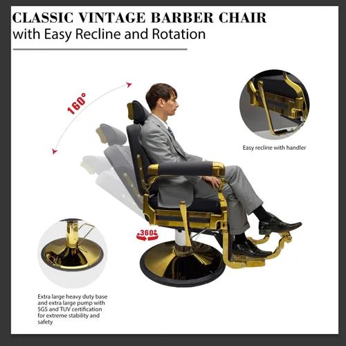 Miniatura 7 de MYS - Silla de peluquería vintage reclinable, hidráulica de alta resistencia, capacidad de 550 libras, respaldo ajustable de 160°, cuero resistente