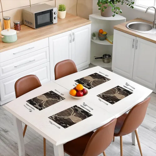 Miniatura 3 de Juego de 4 manteles individuales con diseño de ciervos para mesa de caza, cocina, fiesta, con cuernos, tela lavable, manteles individuales para mesa