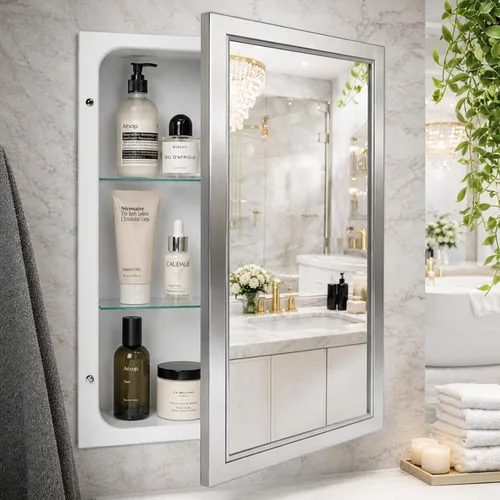 Head West Brushed Nickel with Chrome Recessed Medicine Cabinet Mirror 16"x26"- Stainless Steel Bathroom Mirror with Storage, Beveled Edge, and