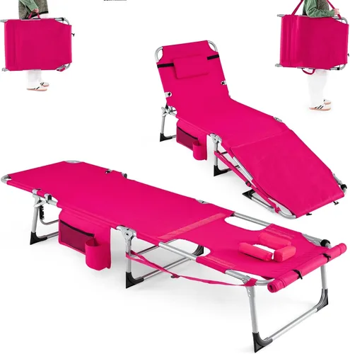 Miniatura 16 de Goplus Silla de bronceado con agujeros para brazos faciales, silla portátil para tomar el sol con respaldo de 4 niveles y almohada para la cabeza