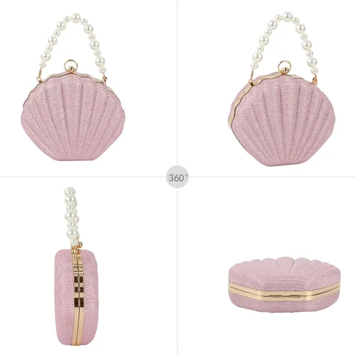 Miniatura 3 de ZLM BAG US Bolso de mano de noche con purpurina Seashell Mini Chain Crossbody Bag PU Cuero Shell Pearl Bolso de hombro, Y-Rosa