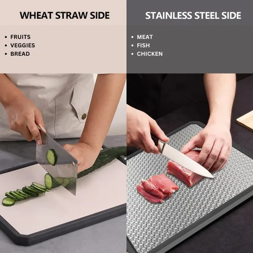 Miniatura 6 de Tabla de cortar de doble cara de acero inoxidable, tabla de cortar grande no tóxica con pajita de trigo para cocina, resistente a los arañazos, apta