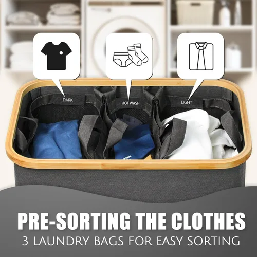 Miniatura 4 de Cesta de lavandería con tapa, Bathola, cesta extra grande de 145L, cestas de 3 secciones para ropa sucia, organizador de cestas divididas para Gris