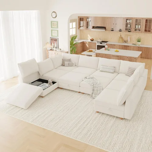 Miniatura 20 de 95.5" Sofá seccional modular de chenilla con almacenamiento oculto, sofá cama convertible en forma de L y U, sofá seccional moderno de 6 plazas
