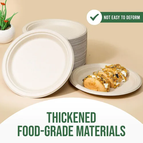 Miniatura 3 de Platos de papel compostables de 9 pulgadas (paquete de 100) - Vajilla desechable ecológica para fiestas, aptos para microondas y resistentes al
