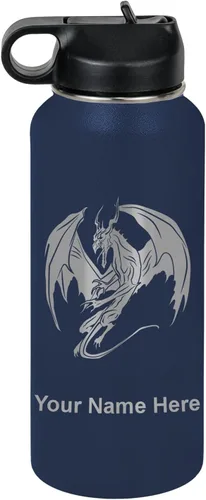 Miniatura 56 de LaserGram Botella de agua con tapa abatible de doble pared de 12 onzas con pajilla, dragón, grabado personalizado incluido (negro)