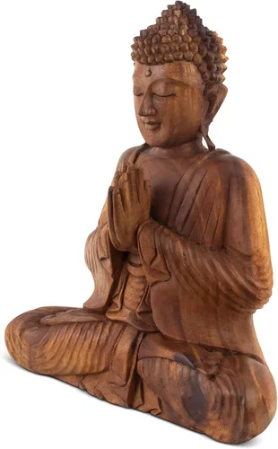 Miniatura 3 de G6 Collection Estatua de Buda de madera serena sentada hecha a mano, escultura meditante, decoración del hogar, acento de madera tallada a mano