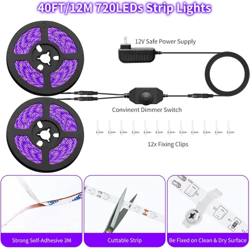 Miniatura 5 de Kit de tira de luz negra regulable de 40 pies/39.4 ft, 720 LED, accesorios de luz negra flexible de 12 V, 385 nm-400 nm, tiras LED de luz negra