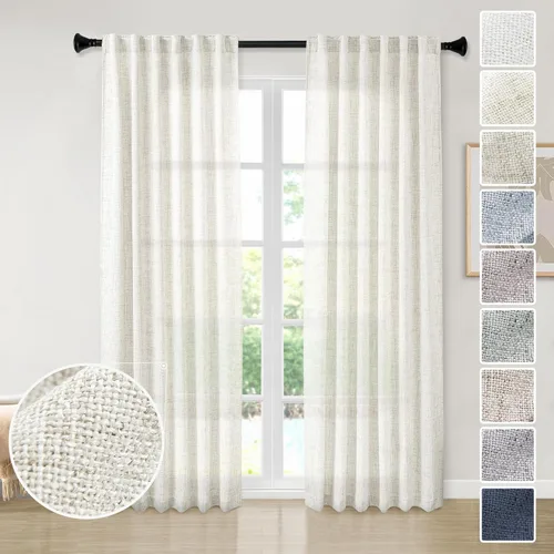 Miniatura 49 de Cortinas de lino 92 pulgadas de largo, juego de 2 paneles con bolsillo para barra, lengüeta trasera, cortinas transparentes para ventanas