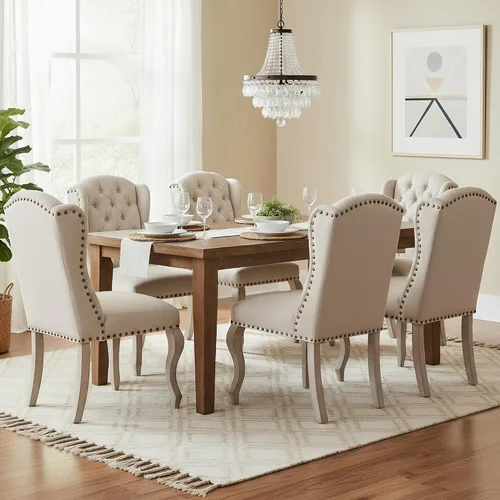 Miniatura 6 de Juego de 6 sillas de comedor de lino, sillas de comedor de granja con respaldo copetudo, sillas de cocina Parsons francesas tapizadas, sillas
