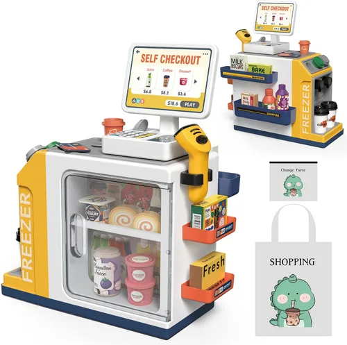 Miniatura 7 de Juego de caja registradora para niños – 48 piezas con cafetera de juguete, dinero de simulación, calculadora, escáner, tarjeta de crédito y comida