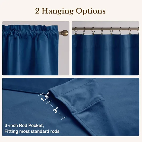 Miniatura 4 de StangH Cortinas decorativas de lujo, cenefa azul con bloqueo de luz, cenefa festoneada para ventana pequeña con bolsillo sólido para barra, cortina