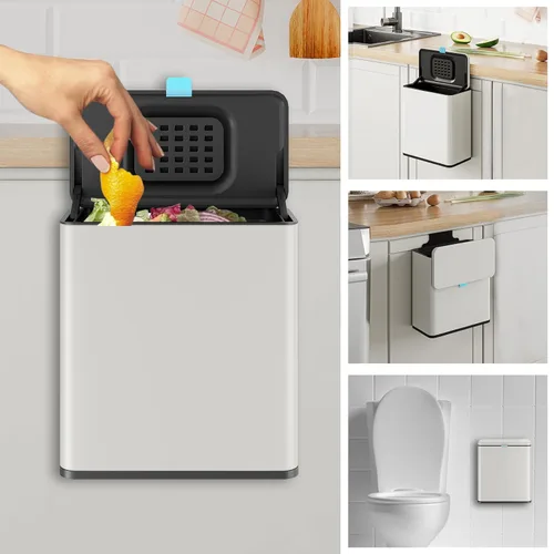 Basurero colgante de acero inoxidable con tapa y cubo interior, contenedor de compost de cocina de 2 galones para encimera, debajo del fregadero o